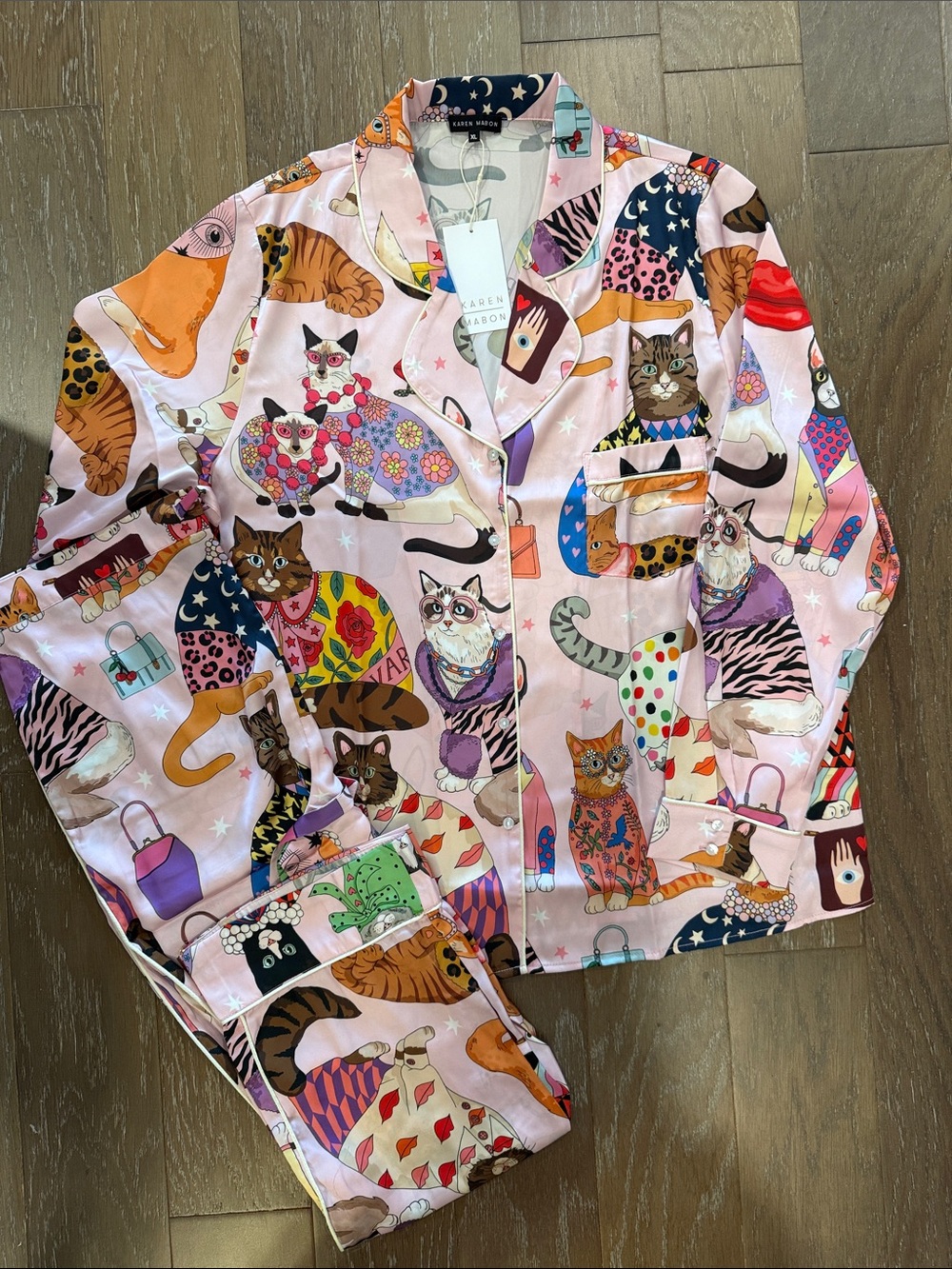 Karen Mabon Pink Cat-Print Pajama Set Soft Fabric Elastic Waistband